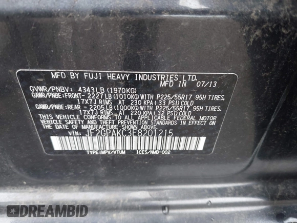 2014 Subaru Crosstrek Limited с VIN JF2GPAKC3E8201215, выставлен на аукционе IAAI как лот 42410931 с пробегом 173 990 миль миль и . История ставок и продаж доступна на DreamBid. Изображение 9.