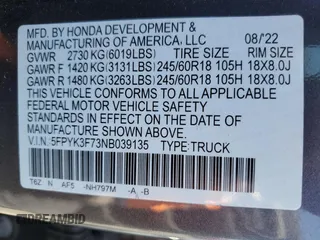 2022 Honda Ridgeline RTL-E with VIN 5FPYK3F73NB039135, listed as a Copart auction lot 60512115 with 27,348 mi miles and Salvage title. Bid and sale history available at DreamBid. Image 13.