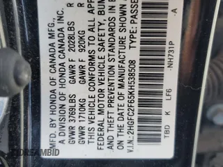 2019 Honda Civic Sedan LX with VIN 2HGFC2F65KH538508, listed as a Copart auction lot 50286545 with 61,169 mi miles and Salvage Title. Bid and sale history available at carsss.com. Image 12.