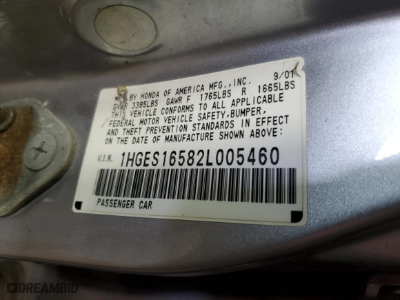 2002 Honda Civic LX with VIN 1HGES16582L005460, listed as a Copart auction lot 51419075 with 0 mi miles and Salvage Title. Bid and sale history available at carsss.com. Image 12.