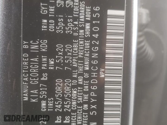 2022 Kia Telluride S with VIN 5XYP6DHC6NG240156, listed as a Copart auction lot 51934575 with 45,940 mi miles and Salvage Title. Bid and sale history available at DreamBid. Image 13.