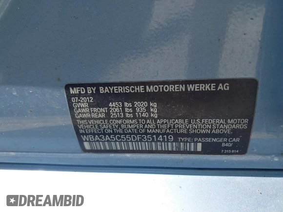2013 BMW 3 Series 328i with VIN WBA3A5C55DF351419, listed as a IAAI auction lot 40458297 with 107,068 mi miles and . Bid and sale history available at DreamBid. Image 9.