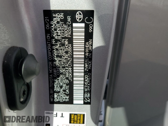 2022 Toyota Prius L Eco with VIN JTDKAMFU7N3155884, listed as a Copart auction lot 51472135 with 38,356 mi miles and Salvage Title. Bid and sale history available at carsss.com. Image 13.