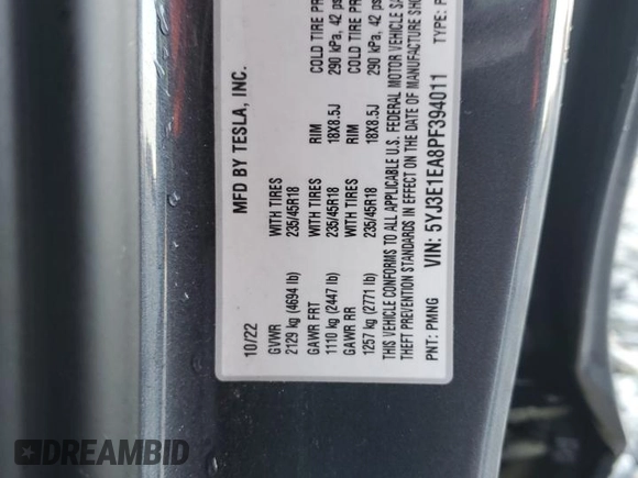 2023 Tesla Model 3 с VIN 5YJ3E1EA8PF394011, выставлен на аукционе Copart как лот 60981335 с пробегом 52 220 миль миль и На запчасти • Non repairable. История ставок и продаж доступна на DreamBid. Изображение 12.