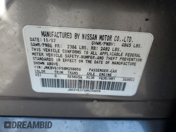 2008 Infiniti G35 x with VIN JNKBV61F58M258856, listed as a Copart auction lot 47065885 with 198,043 mi miles and Salvage Title. Bid and sale history available at DreamBid. Image 12.