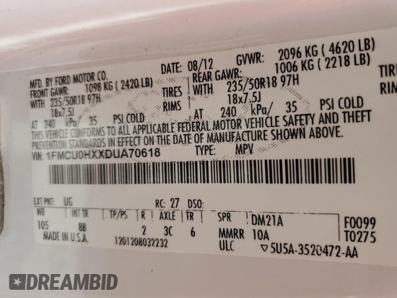 2013 Ford Escape SEL with VIN 1FMCU0HXXDUA70618, listed as a Copart auction lot 65431165 with 200,773 mi miles and Clean title. Bid and sale history available at DreamBid. Image 13.
