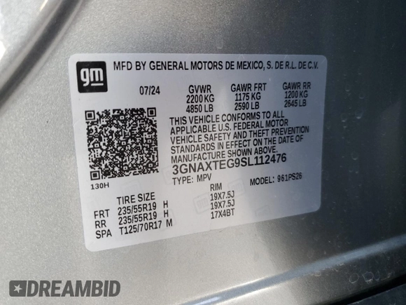 2025 Chevrolet Equinox AWD RS with VIN 3GNAXTEG9SL112476, listed as a Copart auction lot 50520325 with 2,313 mi miles and Salvage title. Bid and sale history available at DreamBid. Image 13.