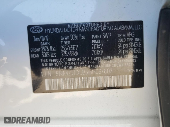2017 Hyundai Santa Fe 2.4L с VIN 5NMZUDLB5HH037802, выставлен на аукционе Copart как лот 56139955 с пробегом 65 604 миль миль и Списание • Salvage title. История ставок и продаж доступна на DreamBid. Изображение 13.