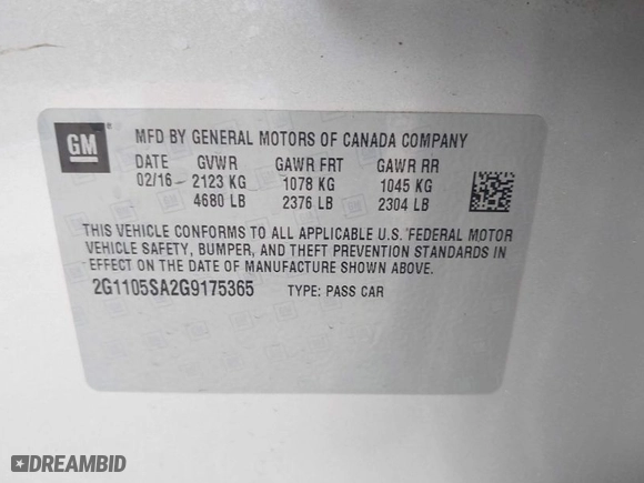 2016 Chevrolet Impala LT with VIN 2G1105SA2G9175365, listed as a IAAI auction lot 41896893 with 163,538 mi miles. Bid and sale history available at carsss.com. Image 9.