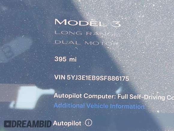 2025 Tesla Model 3 Long Range z VIN 5YJ3E1EB9SF886175, wystawiony jako IAAI lot #41648473 z przebiegiem 395 mil mil oraz . Historia ofert i sprzedaży dostępna na DreamBid. Obrazek 15.
