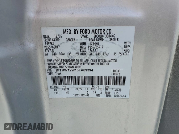 2006 Ford F-150 XLT with VIN 1FTRW12W16FA69394, listed as a Copart auction lot 59259015 with 96,303 mi miles and Salvage title. Bid and sale history available at DreamBid. Image 12.