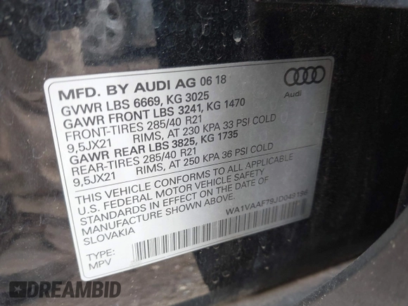 2018 Audi Q7 Prestige with VIN WA1VAAF79JD049196, listed as a IAAI auction lot 42307413 with 85,552 mi miles and . Bid and sale history available at DreamBid. Image 9.