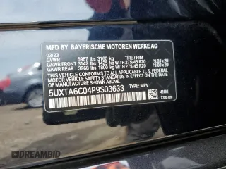2023 BMW X5 xDrive45e with VIN 5UXTA6C04P9S03633, listed as a Copart auction lot 54916645 with Not provided miles and Salvage title. Bid and sale history available at DreamBid. Image 13.