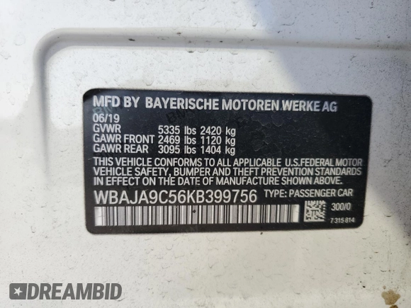 2019 BMW 5 Series 530e с VIN WBAJA9C56KB399756, выставлен на аукционе Copart как лот 60124165 с пробегом 72 956 миль миль и Списание • Salvage title. История ставок и продаж доступна на DreamBid. Изображение 12.