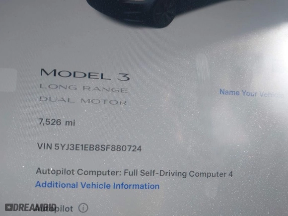 2025 Tesla Model 3 Long Range with VIN 5YJ3E1EB8SF880724, listed as a IAAI auction lot 41657377 with 7,526 mi miles. Bid and sale history available at carsss.com. Image 7.
