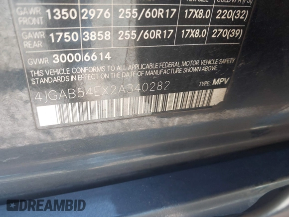 2002 Mercedes-Benz M 320/430/500 с VIN 4JGAB54EX2A340282, выставлен на аукционе IAAI как лот 42237129 с пробегом 179 374 миль миль и . История ставок и продаж доступна на DreamBid. Изображение 9.