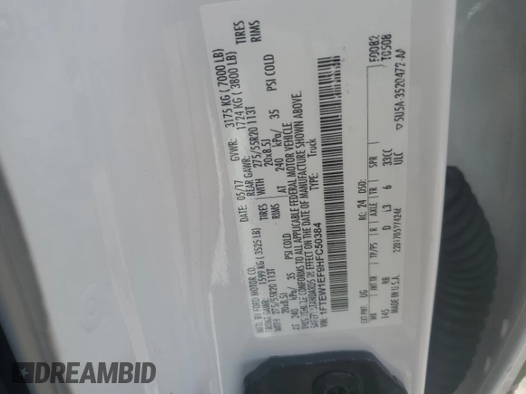 2017 Ford F-150 XL with VIN 1FTEW1EF9HFC50384, listed as a Copart auction lot 85538764 with Not provided miles and Salvage title. Bid and sale history available at DreamBid. Image 13.