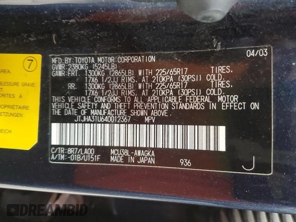 2004 Lexus RX 330 with VIN JTJHA31U640012367, listed as a Copart auction lot 55701845 with 268,140 mi miles and Clean Title. Bid and sale history available at DreamBid. Image 13.