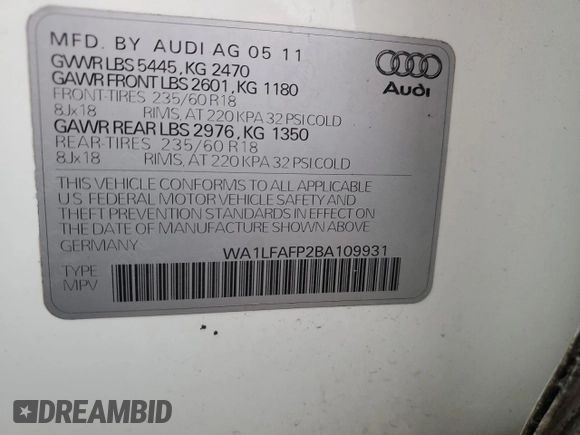2011 Audi Q5 Premium Plus with VIN WA1LFAFP2BA109931, listed as a Copart auction lot 89148655 with 173,934 mi miles and Salvage Title. Bid and sale history available at DreamBid. Image 15.