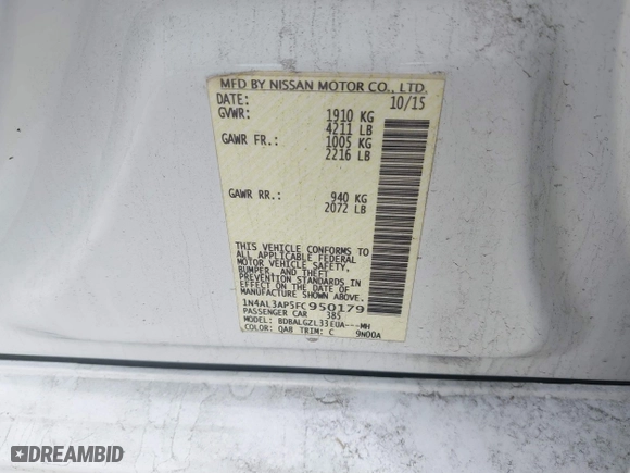 2015 Nissan Altima 2.5 with VIN 1N4AL3AP5FC950179, listed as a IAAI auction lot 41708420 with 125,867 mi miles. Bid and sale history available at carsss.com. Image 9.