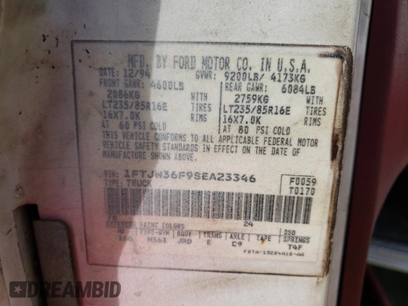 1995 Ford F-350 с VIN 1FTJW36F9SEA23346, выставлен на аукционе Copart как лот 75330444 с пробегом Не указан миль и Списание • Salvage title. История ставок и продаж доступна на DreamBid. Изображение 13.