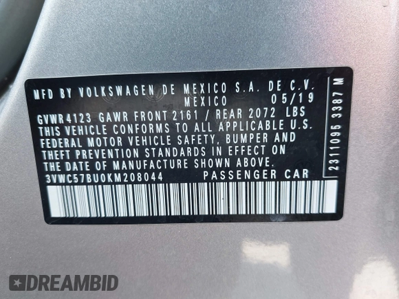 2019 Volkswagen Jetta S with VIN 3VWC57BU0KM208044, listed as a IAAI auction lot 42373582 with 87,008 mi miles and . Bid and sale history available at DreamBid. Image 9.