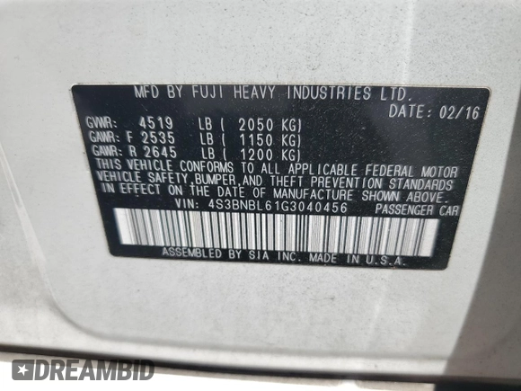 2016 Subaru Legacy Limited with VIN 4S3BNBL61G3040456, listed as a Copart auction lot 53948475 with 50,537 mi miles and Salvage title. Bid and sale history available at DreamBid. Image 12.