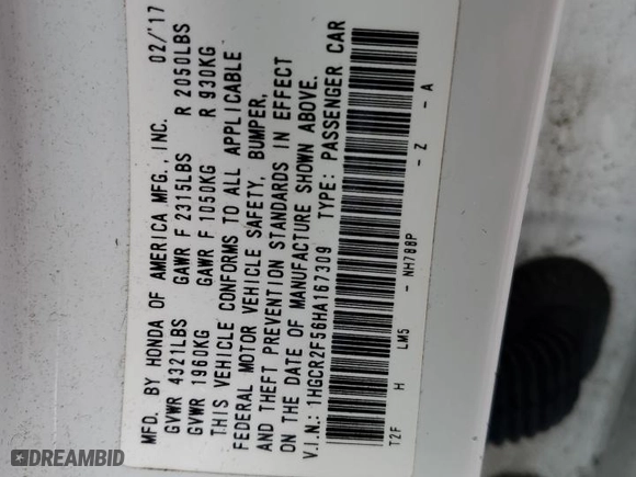 2017 Honda Accord Sedan Sport with VIN 1HGCR2F56HA167309, listed as a Copart auction lot 52915855 with 51,806 mi miles and Salvage Title. Bid and sale history available at carsss.com. Image 12.