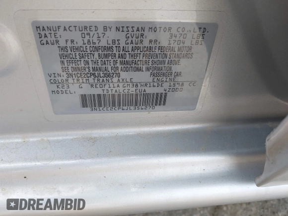 2018 Nissan Note SV with VIN 3N1CE2CP6JL356270, listed as a IAAI auction lot 42413135 with 110,686 mi miles and . Bid and sale history available at DreamBid. Image 9.