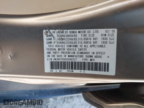 2005 Honda CR-V LX with VIN JHLRD78565C040337, listed as a IAAI auction lot 41959248 with 179,389 mi miles. Bid and sale history available at carsss.com. Image 9.