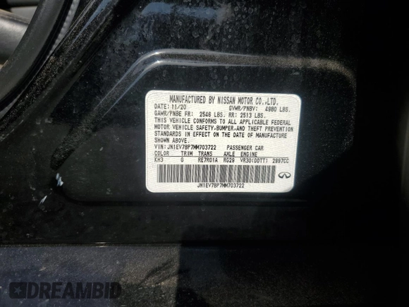 2021 Infiniti Q50 Luxe with VIN JN1EV7BP7MM703722, listed as a Copart auction lot 50768955 with Not provided miles and Salvage title. Bid and sale history available at DreamBid. Image 15.