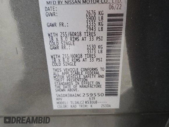 2022 Nissan Pathfinder SV с VIN 5N1DR3BA1NC259550, выставлен на аукционе Copart как лот 51207055 с пробегом 32 631 миль миль и Списание • Salvage title. История ставок и продаж доступна на DreamBid. Изображение 12.