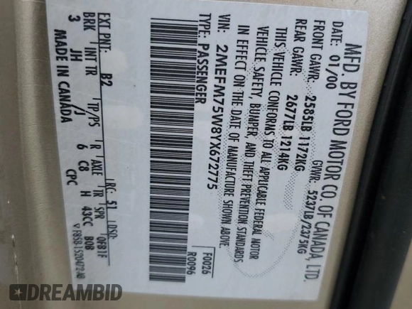 2000 Mercury Grand Marquis LS с VIN 2MEFM75W8YX672775, выставлен на аукционе Copart как лот 59609885 с пробегом 172 837 миль миль и Списание • Salvage title. История ставок и продаж доступна на DreamBid. Изображение 12.