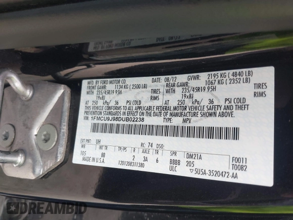 2013 Ford Escape Titanium with VIN 1FMCU9J98DUB02238, listed as a IAAI auction lot 42609782 with 168,574 mi miles and . Bid and sale history available at DreamBid. Image 9.