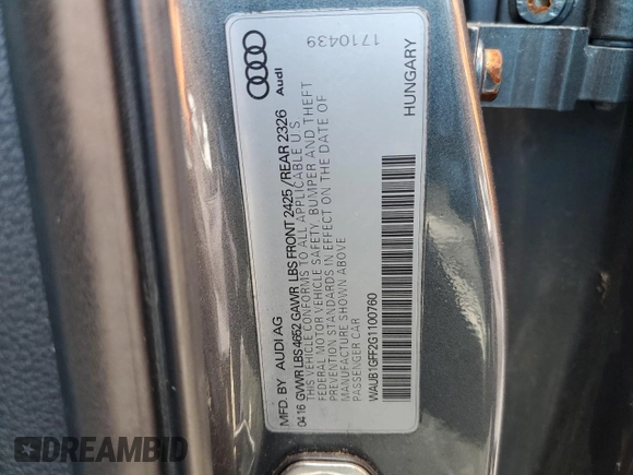 2016 Audi S3 Premium Plus with VIN WAUB1GFF2G1100760, listed as a Copart auction lot 64130253 with 96,962 mi miles. Bid and sale history available at carsss.com. Image 13.