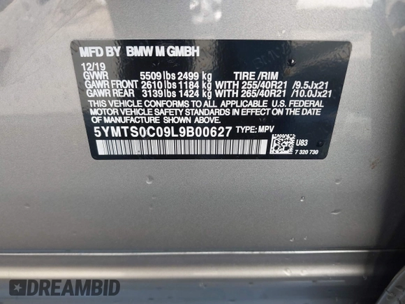 2020 BMW X3 M Competition with VIN 5YMTS0C09L9B00627, listed as a IAAI auction lot 42478800 with 41,239 mi miles and . Bid and sale history available at DreamBid. Image 9.