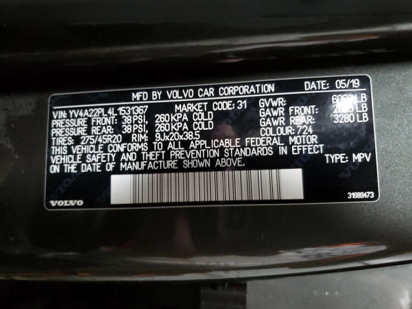 2020 Volvo XC90 Inscription with VIN YV4A22PL4L1531367, listed as a Copart auction lot 85171824 with 83,382 mi miles and Salvage Title. Bid and sale history available at carsss.com. Image 16.