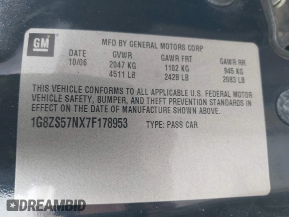 2007 Saturn Aura XE with VIN 1G8ZS57NX7F178953, listed as a IAAI auction lot 41792055 with 1 mi miles. Bid and sale history available at carsss.com. Image 9.