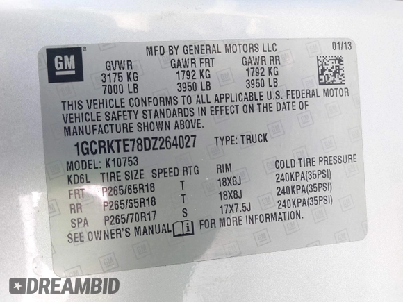 2013 Chevrolet Silverado 1500 LTZ with VIN 1GCRKTE78DZ264027, listed as a IAAI auction lot 42214045 with 215,968 mi miles and . Bid and sale history available at DreamBid. Image 9.