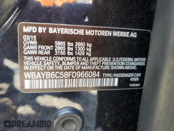2015 BMW 7 Series 750i xDrive with VIN WBAYB6C58FD966084, listed as a Copart auction lot 61875325 with 159,616 mi miles and Salvage title. Bid and sale history available at DreamBid. Image 13.