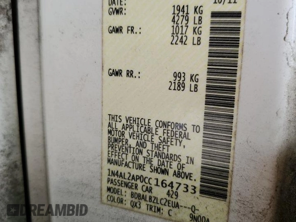 2012 Nissan Altima S with VIN 1N4AL2AP0CC164733, listed as a Copart auction lot 51663645 with 262,359 mi miles and Salvage Title. Bid and sale history available at DreamBid. Image 12.