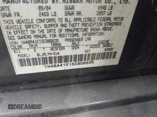 2005 Nissan Maxima SE с VIN 1N4BA41E15C808635, выставлен на аукционе IAAI как лот 42255373 с пробегом Не указан миль и . История ставок и продаж доступна на DreamBid. Изображение 9.