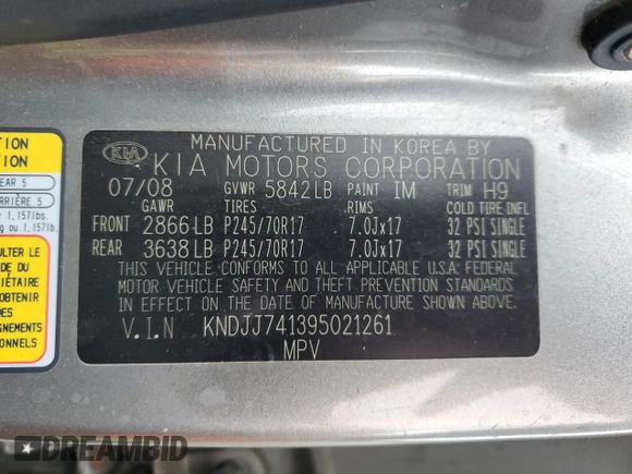 2009 Kia Borrego EX with VIN KNDJJ741395021261, listed as a Copart auction lot 87627165 with 270,855 mi miles and Salvage Title. Bid and sale history available at DreamBid. Image 13.