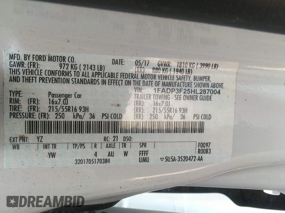 2017 Ford Focus SE with VIN 1FADP3F25HL287004, listed as a IAAI auction lot 42691098 with 94,833 mi miles and . Bid and sale history available at DreamBid. Image 9.