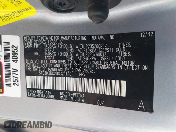 2013 Toyota Sienna L z VIN 5TDZK3DC2DS321418, wystawiony jako IAAI lot #42095972 z przebiegiem 189 688 mil mil oraz . Historia ofert i sprzedaży dostępna na DreamBid. Obrazek 9.