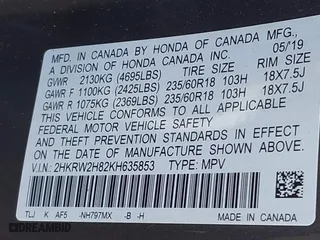 2019 Honda CR-V EX-L with VIN 2HKRW2H82KH635853, listed as a IAAI auction lot 41965265 with 48,016 mi miles. Bid and sale history available at carsss.com. Image 9.
