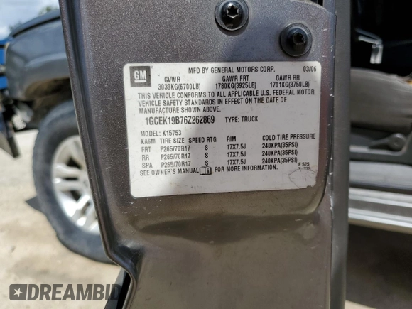 2006 Chevrolet Silverado 1500 LT2 with VIN 1GCEK19B76Z262869, listed as a Copart auction lot 55513435 with Not Provided miles and Salvage Title. Bid and sale history available at DreamBid. Image 13.