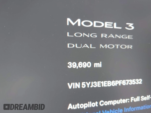 2023 Tesla Model 3 Long Range with VIN 5YJ3E1EB6PF673532, listed as a IAAI auction lot 41885716 with 39,690 mi miles and . Bid and sale history available at DreamBid. Image 15.