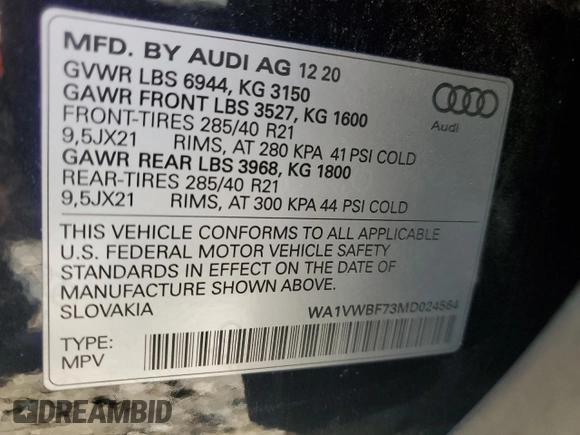 2021 Audi SQ7 Prestige with VIN WA1VWBF73MD024564, listed as a Copart auction lot 51983315 with 38,804 mi miles and Non Repairable. Bid and sale history available at DreamBid. Image 13.
