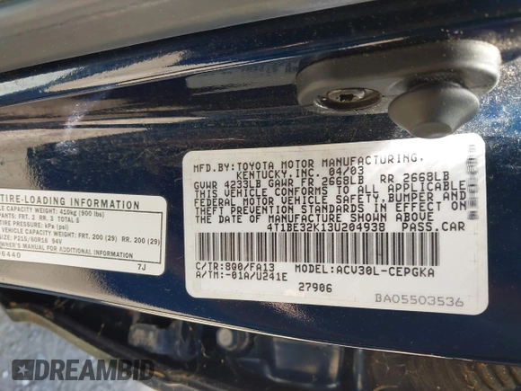 2003 Toyota Camry LE with VIN 4T1BE32K13U204938, listed as a IAAI auction lot 42194548 with 263,710 mi miles and . Bid and sale history available at DreamBid. Image 9.